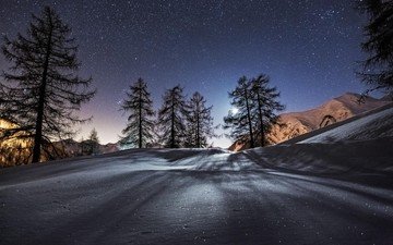 небо, ночь, деревья, горы, снег, природа, лес, зима, звезды, луна