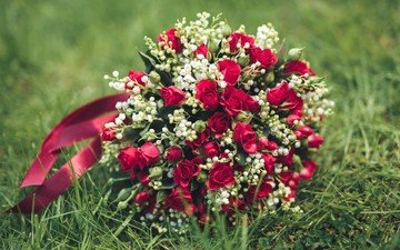 цветы, трава, розы, букет, свадебный букет