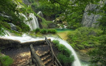 деревья, река, лестница, ступеньки, пейзаж, водопад, хорватии, plitvice lakes national park, национальный парк плитвицкие озера