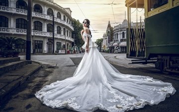 девушка, платье, город, улица, невеста, свадебное платье