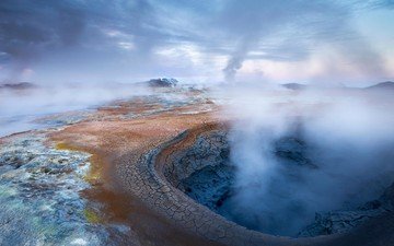 природа, пейзаж, дым, исландия, источник, гейзер, geothermie, геотермальный источник