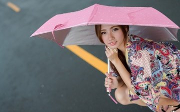 девушка, улыбка, взгляд, волосы, лицо, зонтик, азиатка