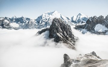 облака, горы, снег, зима, швейцария, альпы, вершина, горные рельефы