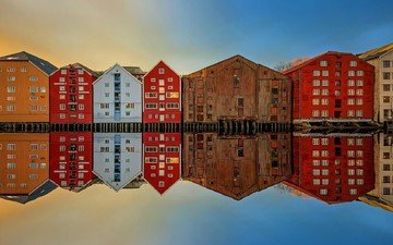 отражение, город, дома, норвегия, тронхейм