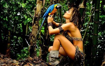 природа, девушка, модель, птица, тропики, попугай, амазонка