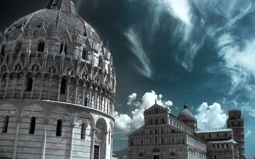 собор, башня, италия, пиза, инфракрасный снимок, баптистерий