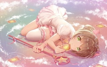 девушка, взгляд, волосы, лицо, kinomoto sakura, lying down, розовое платье, cardcaptor sakura, raining