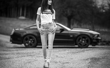 девушка, чёрно-белое, авто, модель, джинсы, позирует, на фоне