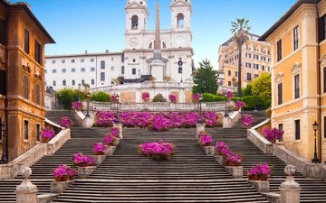 цветы, дома, италия, архитектура, рим, ступени, испанская лестница