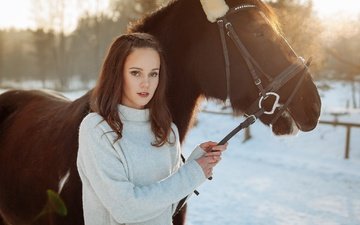лошадь, зима, девушка, брюнетка, фотосессия