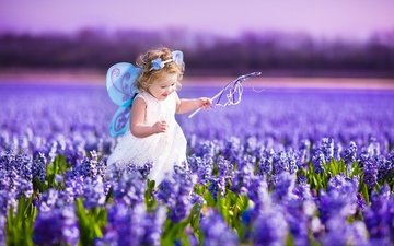 цветы, платье, поле, лаванда, крылья, радость, девочка, фея, ребенок, волшебная палочка
