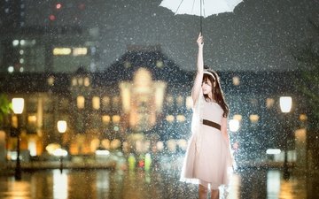 снег, девушка, настроение, платье, город, ситуация, зонтик, азиатка