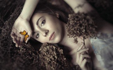 цветы, девушка, портрет, бабочка, модель, фотосессия, ania