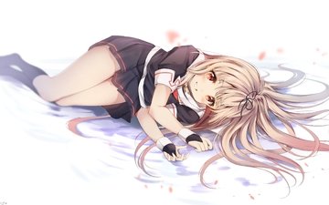 blond, lying down, lächelnd, kantai collection, kancolle, yuudachi