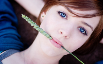 девушка, портрет, взгляд, рыжая, модель, губы, голубые глаза, колосок, лежа, травинка