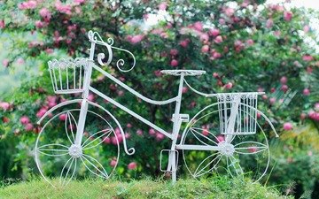 цветы, трава, листья, фон, колеса, корзина, велосипед