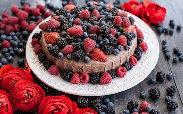 цветы, малина, ягоды, черника, сладость, торт, пирог, ежевика, ранункулюсы, крем