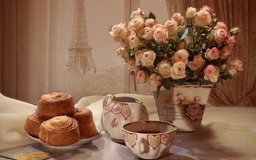 цветы, розы, букет, чай, выпечка, натюрморт, кексы