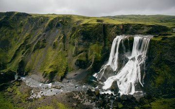 вода, природа, берег, пейзаж, скала, гора, водопад, исландия, национальный парк, фьорд, водопад фагрифосс, fagrifoss