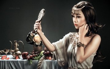 украшения, девушка, фрукты, взгляд, зеркало, модель, волосы, лицо, азиатка, quỳnh nhi