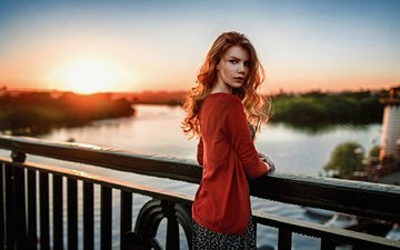 река, девушка, маяк, закат солнца, мост, рыжая, модель, фотосессия, длинные волосы, тоня, георгий чернядьев