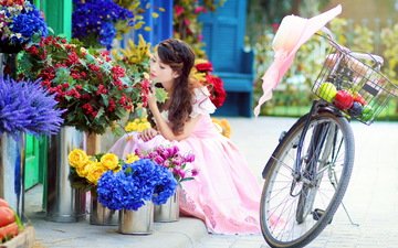 цветы, девушка, улица, азиатка, велосипед