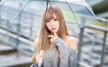 девушка, дождь, волосы, зонтик, азиатка