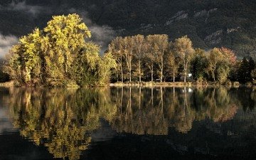 деревья, озеро, природа, лес, отражение, пейзаж, осень