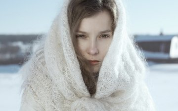 зима, девушка, портрет, взгляд, модель, лицо, платок, фотосессия