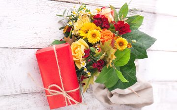 цветы, листья, розы, ромашки, букет, подарок, хризантемы, гвоздики