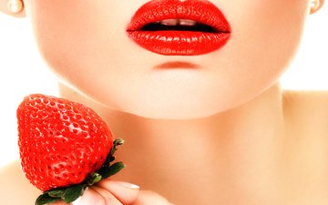девушка, ягода, клубника, модель, губы, лицо, белый фон, красная помада