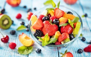 мята, малина, фрукты, клубника, ягоды, вишня, киви, черника, персик, ежевика