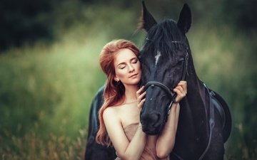 лошадь, природа, девушка, настроение, портрет, волосы, лицо, конь, закрытые глаза