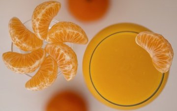 фрукты, стакан, мандарин, цитрусы, долька, сок