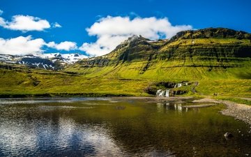 небо, облака, озеро, горы, солнце, зелень, водопад, исландия, snaefellsnesog hnappadalssysla