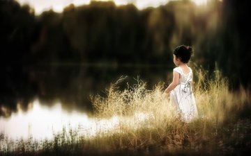 озеро, природа, девочка, ребенок, белое платье