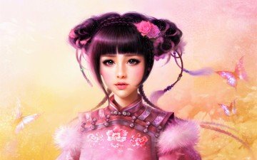 девушка, взгляд, волосы, лицо, бабочки, прическа, азиатка, розовое платье, ruoxing zhang