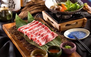 зелень, овощи, мясо, соус, японская кухня, нарезка