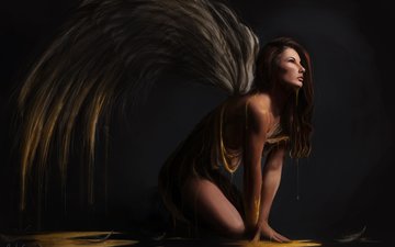 арт, девушка, фантастика, взгляд, крылья, ангел, профиль, волосы, лицо