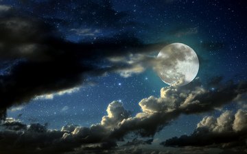 небо, облака, звезды, луна, полнолуние