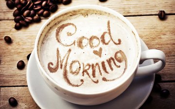надпись, кофе, чашка, кофейные зерна, капучино, доброе утро