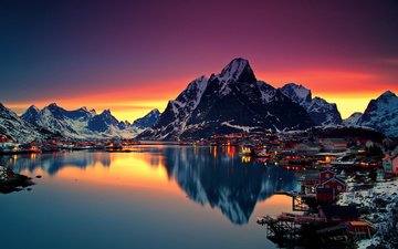 небо, ночь, огни, озеро, горы, снег, зима, отражение, дома, норвегия, лофотенские острова, рейне