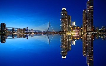 небо, ночь, вода, город, небоскребы, архитектура, порт, нидерланды, голландия, роттердам