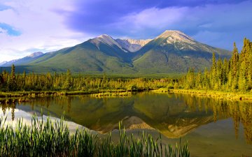 озеро, горы, отражение, канада, скалистые горы, провинция альберта, национальный парк банф, canadian rocky mountains, озеро вермилион