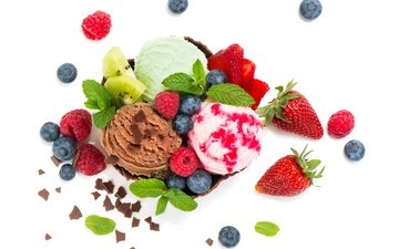 мята, малина, мороженое, клубника, ягоды, белый фон, черника, шоколад, сладкое, десерт