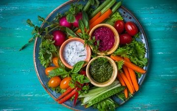 зелень, овощи, помидоры, морковь, соус, огурец, редис