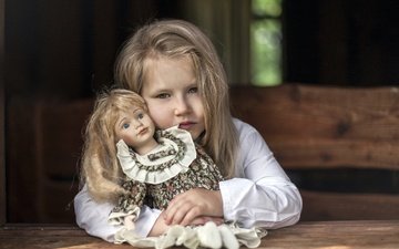 портрет, взгляд, дети, девочка, кукла, волосы, лицо, ребенок