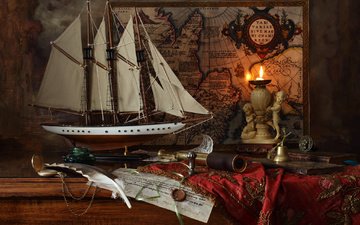 корабль, карта, модель, свеча, труба, перо, натюрморт, андрей морозов, сургуч