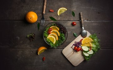 витамины, апельсин, овощи, дольки, салат, помидоры-черри