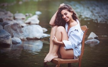 озеро, девушка, настроение, улыбка, стул, ножка, clara